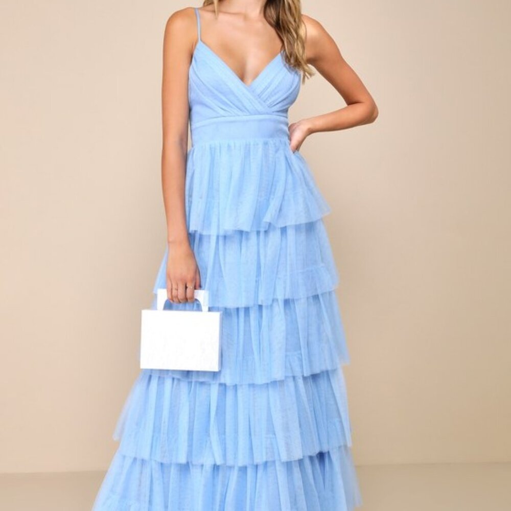 Lulus Rule The Runway Light Blue Tulle Surplice Tiered Maxi Dress - Size S
